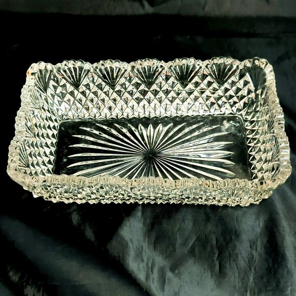 Vintage Cut Glass Strawberry Diamond Fan Pattern Rectangular Serving Dish - Picture 1 of 5